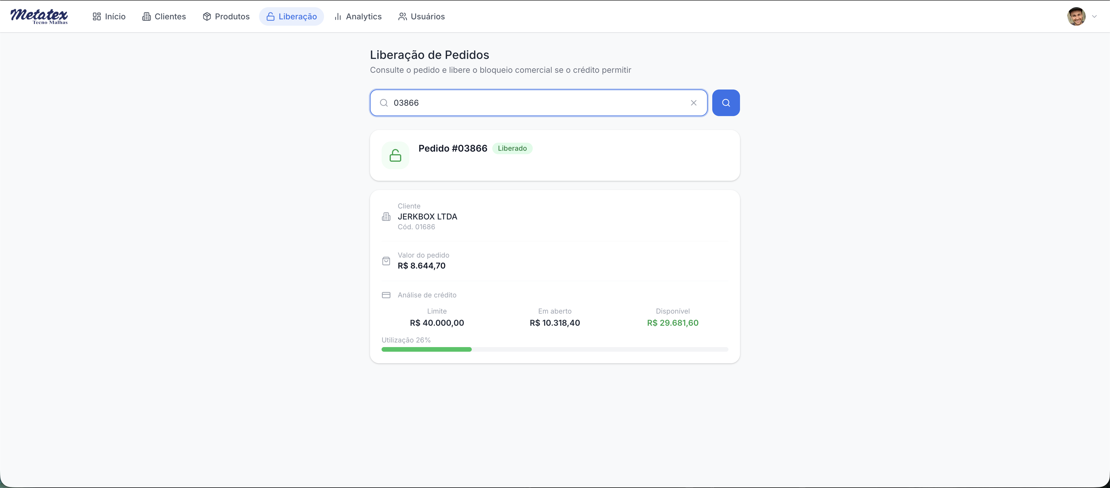 Tela de liberação de pedido com análise de crédito saudável