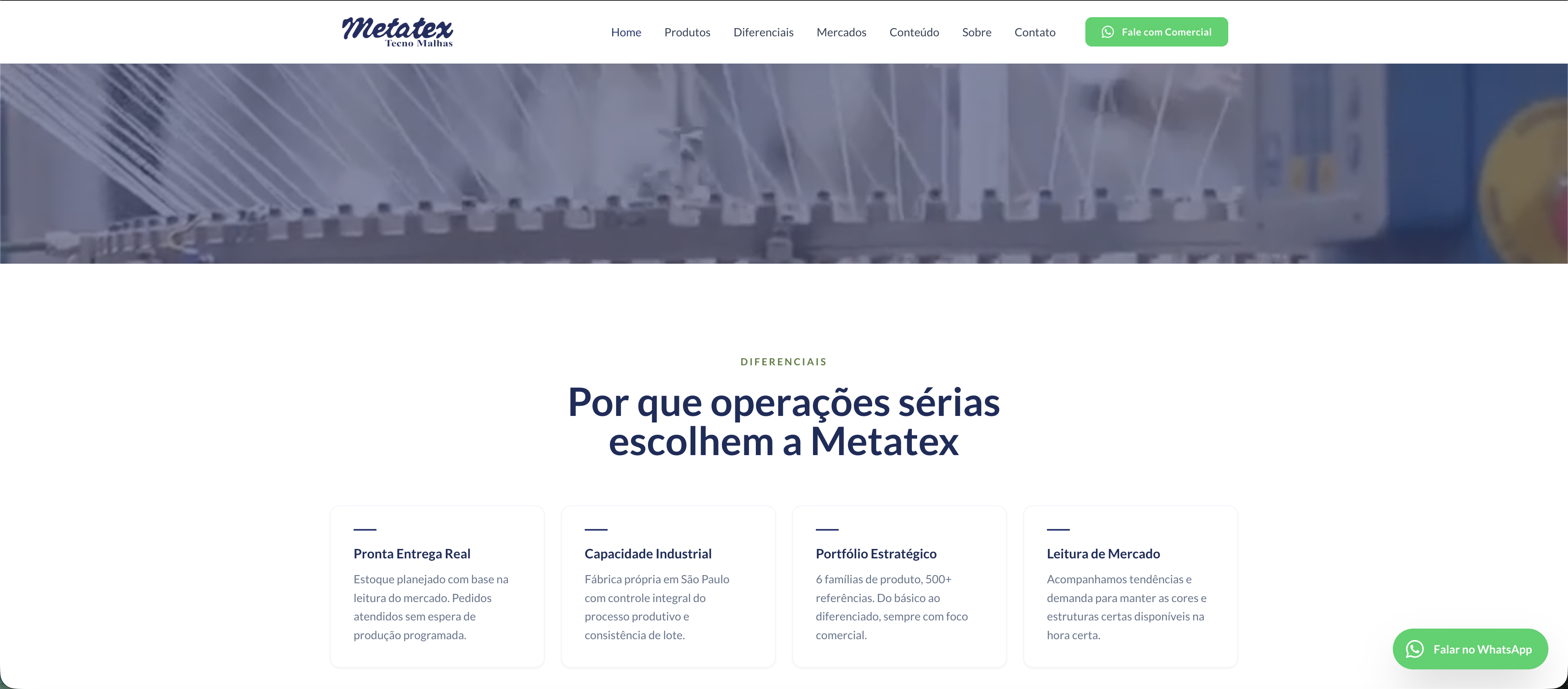 Home do site institucional com foto da fábrica e diferenciais em destaque