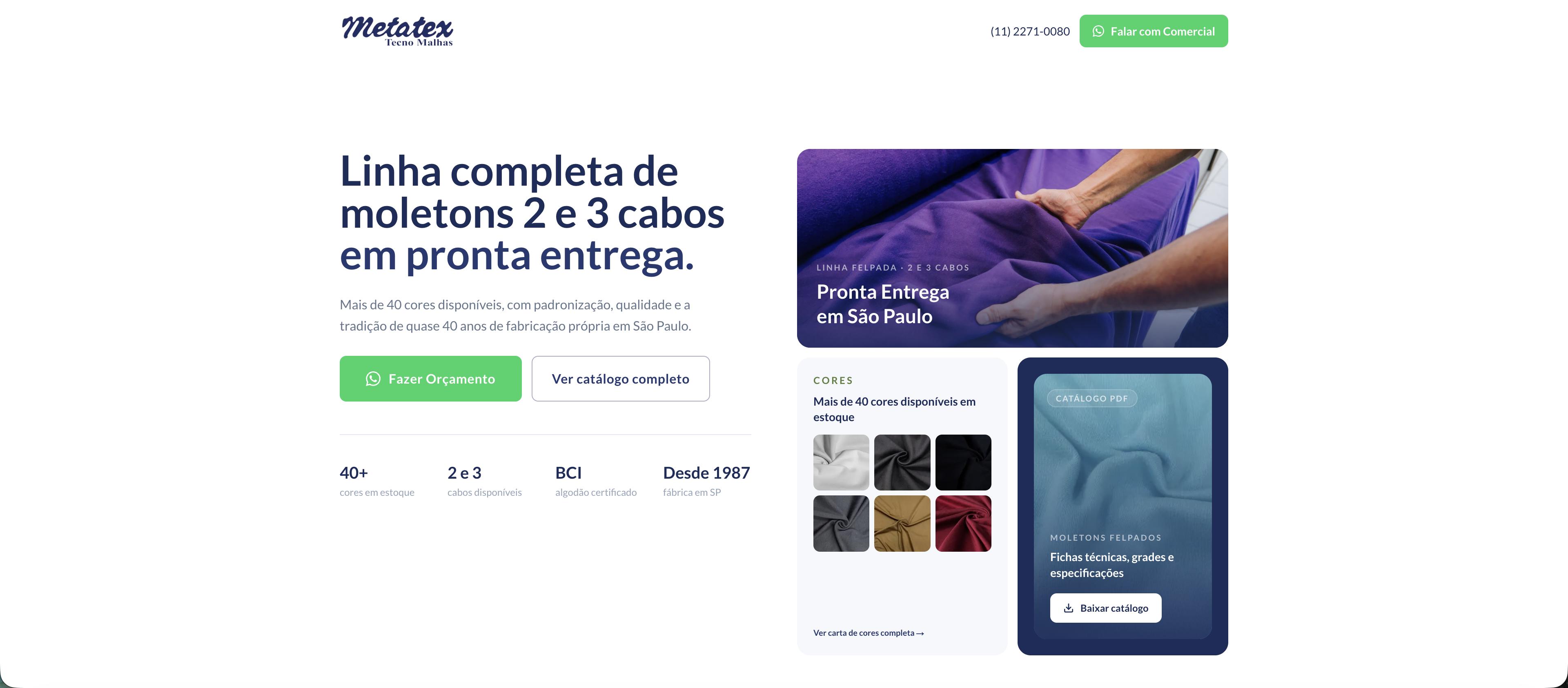 Landing page de moletons com linha de pronta entrega, cores e catálogo