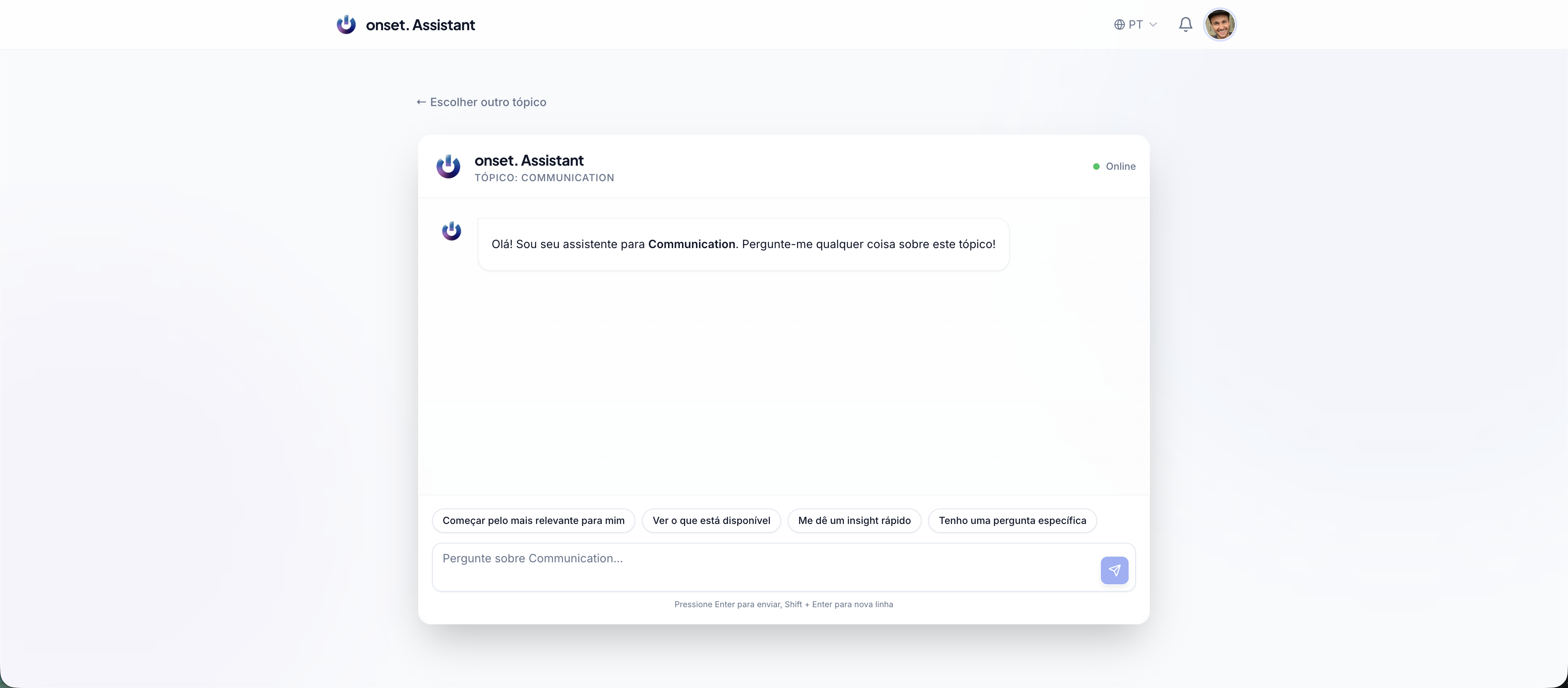 Interface do assistente onset. com sugestões de pergunta e resposta em linguagem natural