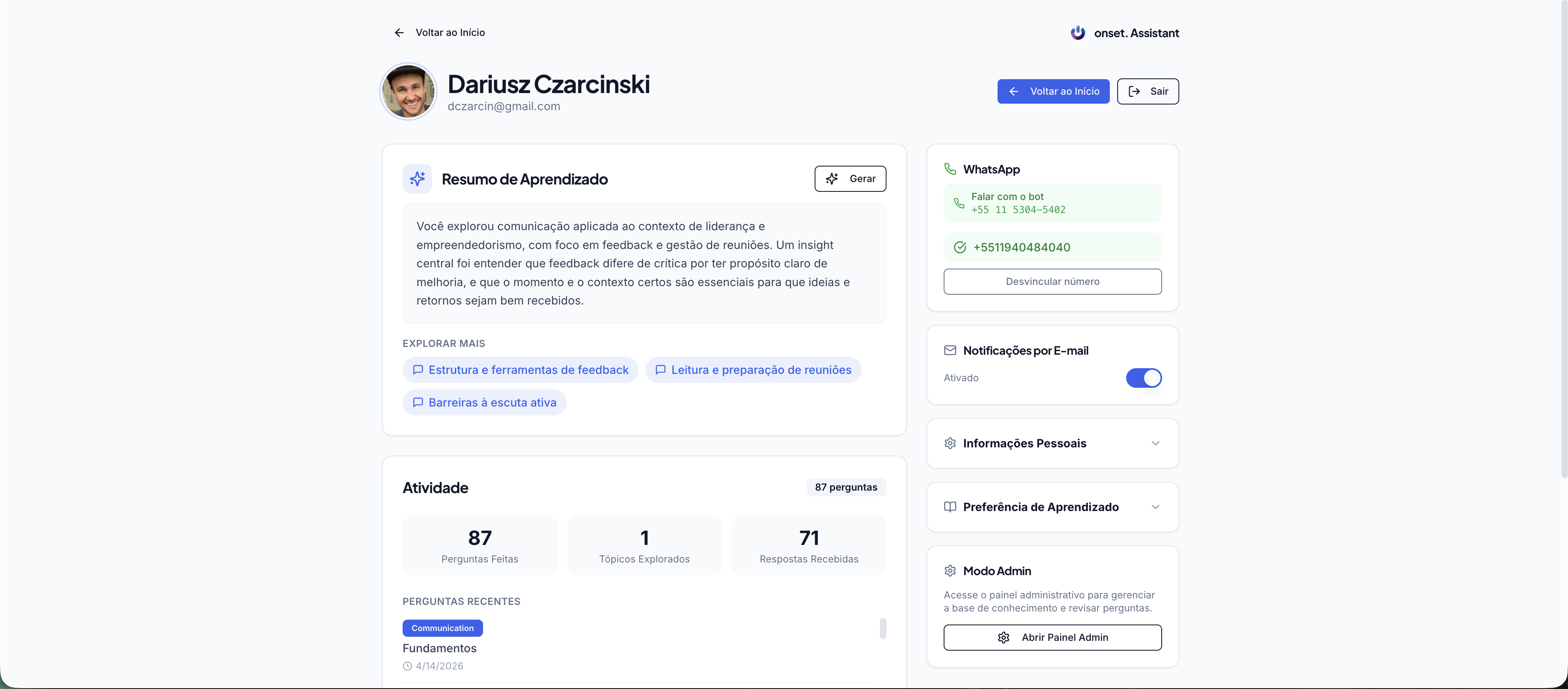 Perfil do usuário com resumo de aprendizado, estatísticas e integração com WhatsApp